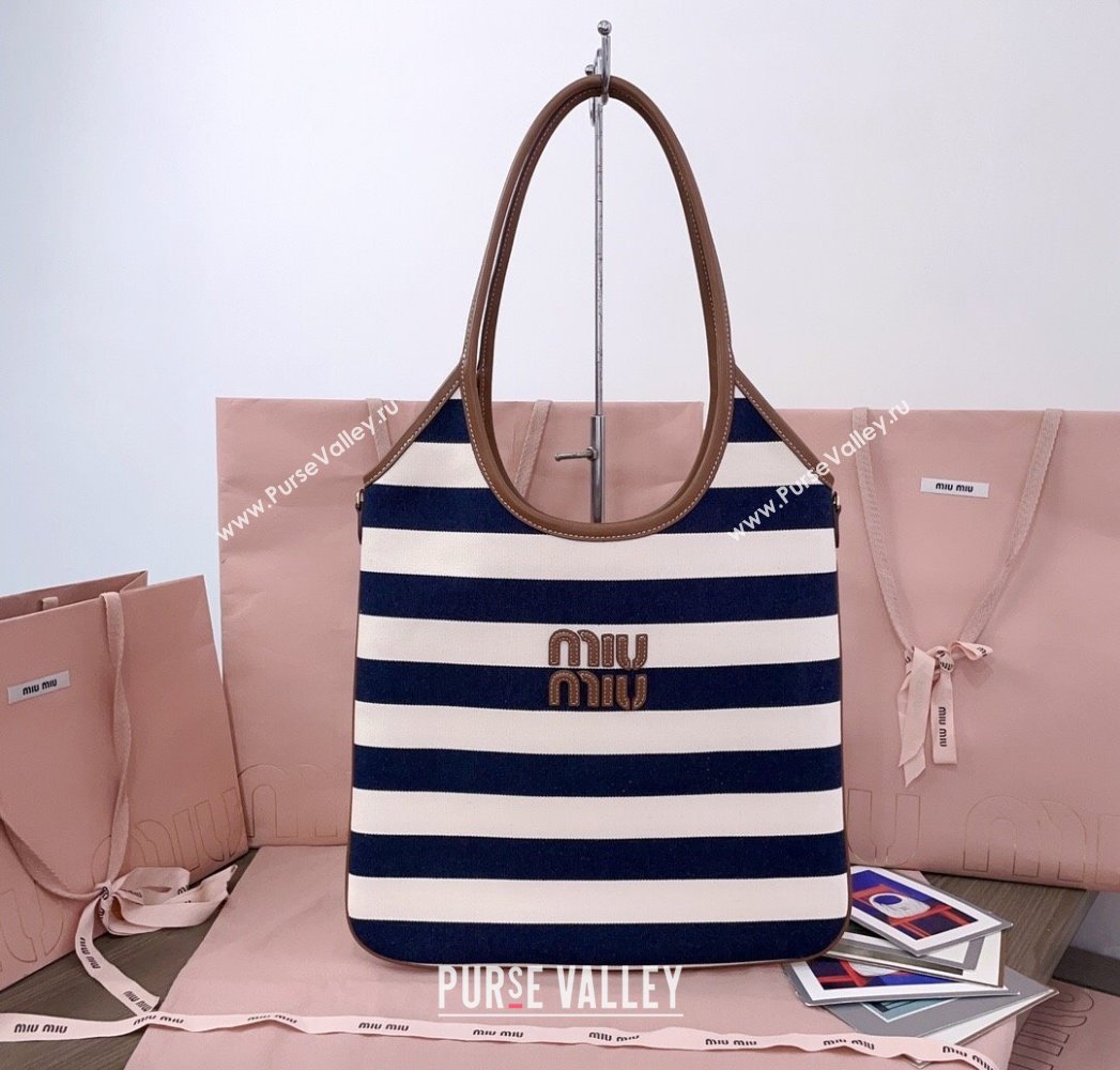 Miu Miu IVY Striped Canvas and Leather Tote Bag White/Blue 2025 5BG231 (JD-250805030)