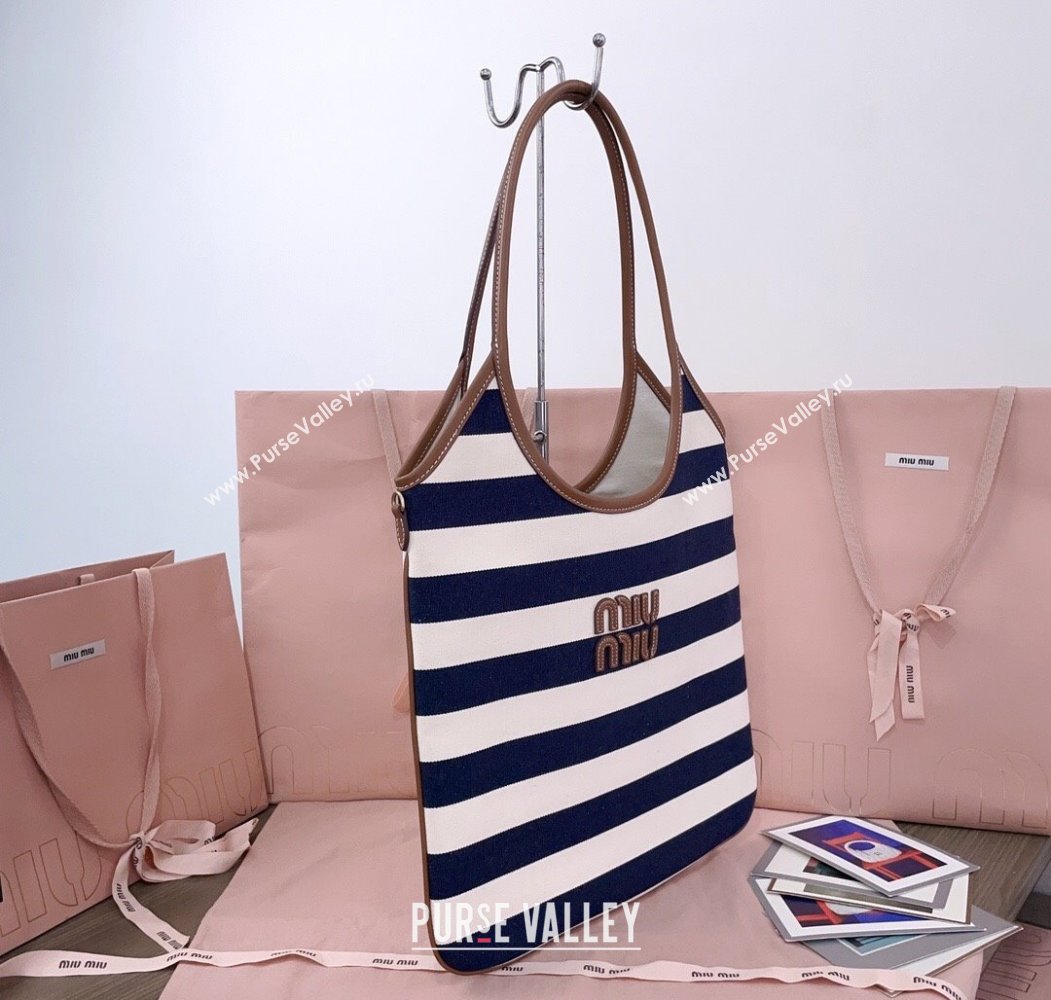 Miu Miu IVY Striped Canvas and Leather Tote Bag White/Blue 2025 5BG231 (JD-250805030)