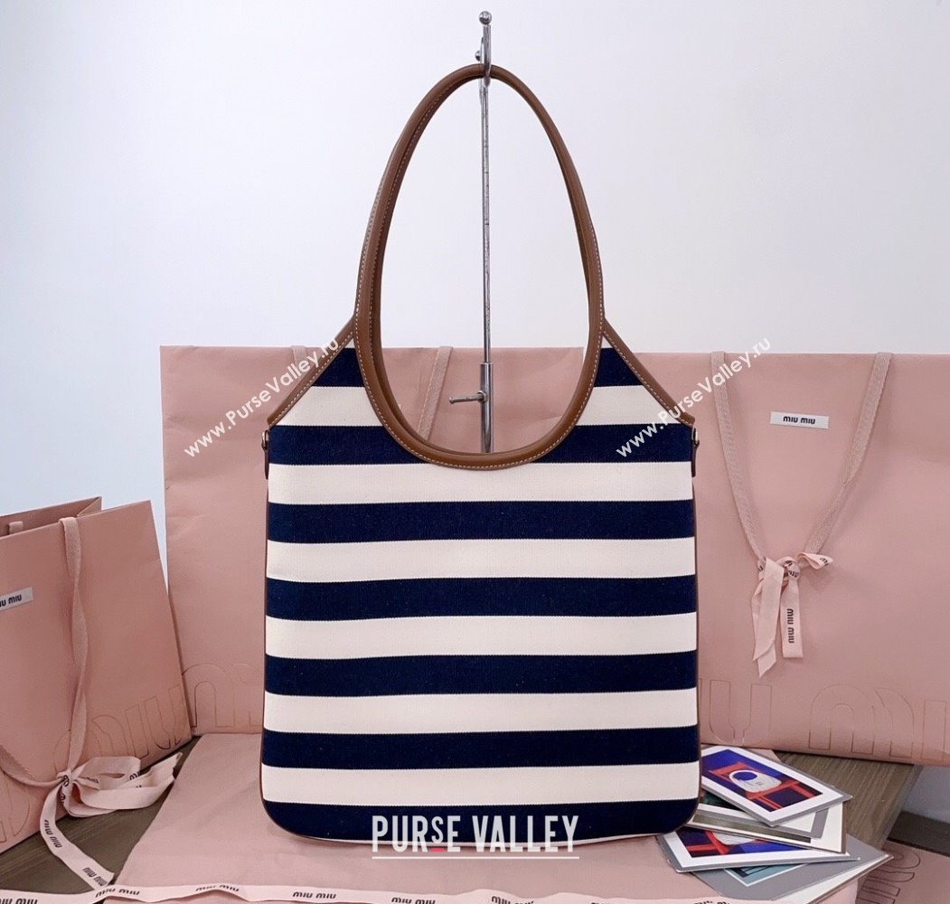 Miu Miu IVY Striped Canvas and Leather Tote Bag White/Blue 2025 5BG231 (JD-250805030)