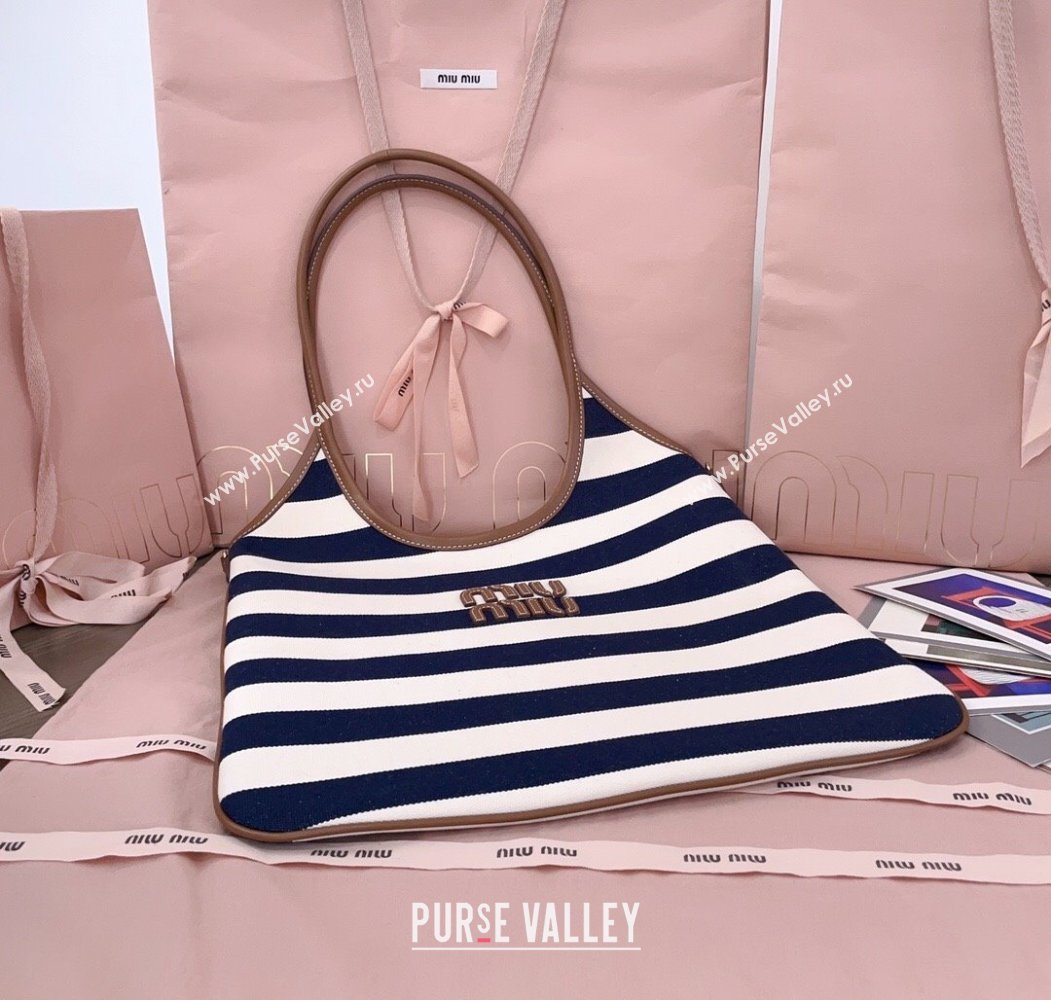 Miu Miu IVY Striped Canvas and Leather Tote Bag White/Blue 2025 5BG231 (JD-250805030)