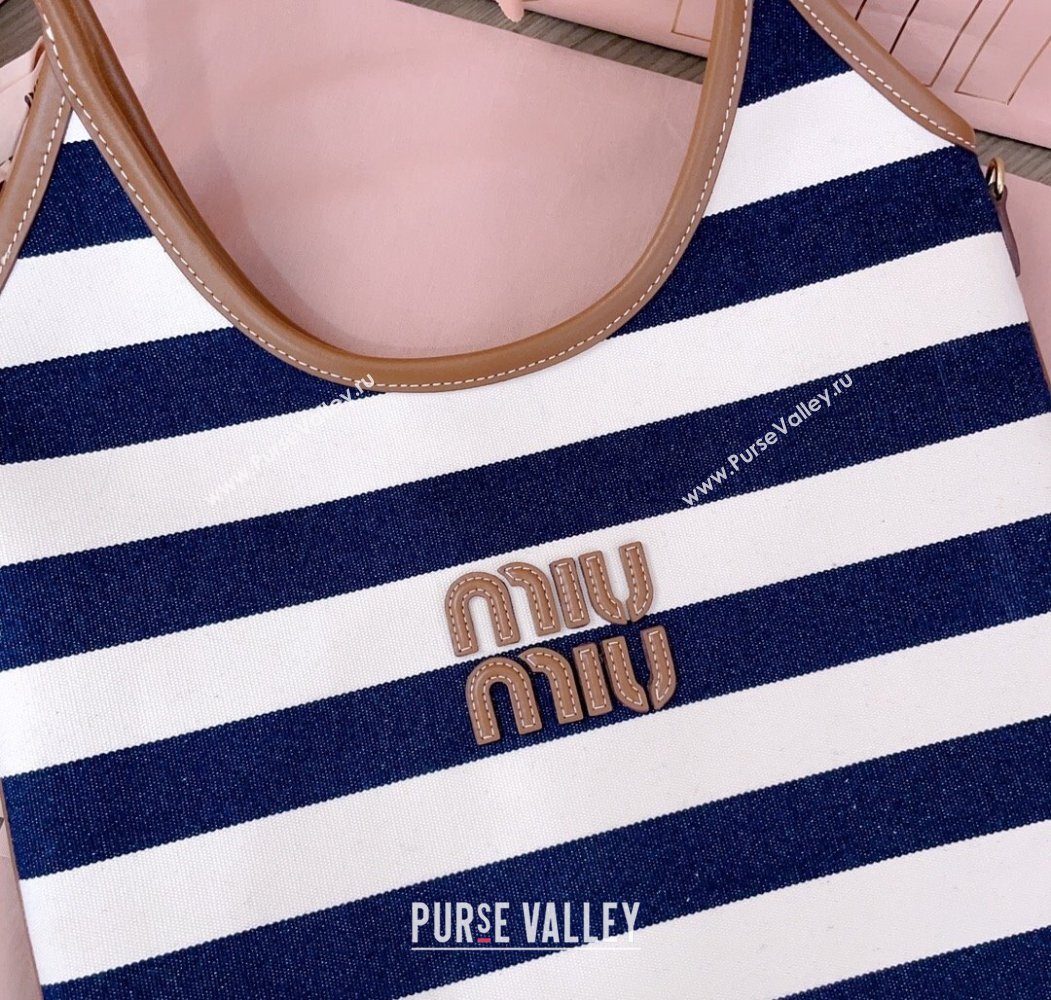 Miu Miu IVY Striped Canvas and Leather Tote Bag White/Blue 2025 5BG231 (JD-250805030)