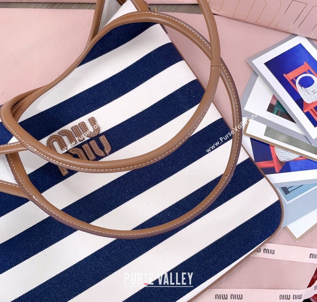 Miu Miu IVY Striped Canvas and Leather Tote Bag White/Blue 2025 5BG231 (JD-250805030)