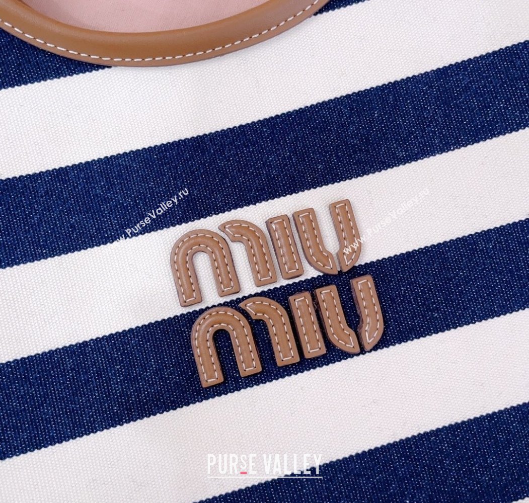 Miu Miu IVY Striped Canvas and Leather Tote Bag White/Blue 2025 5BG231 (JD-250805030)