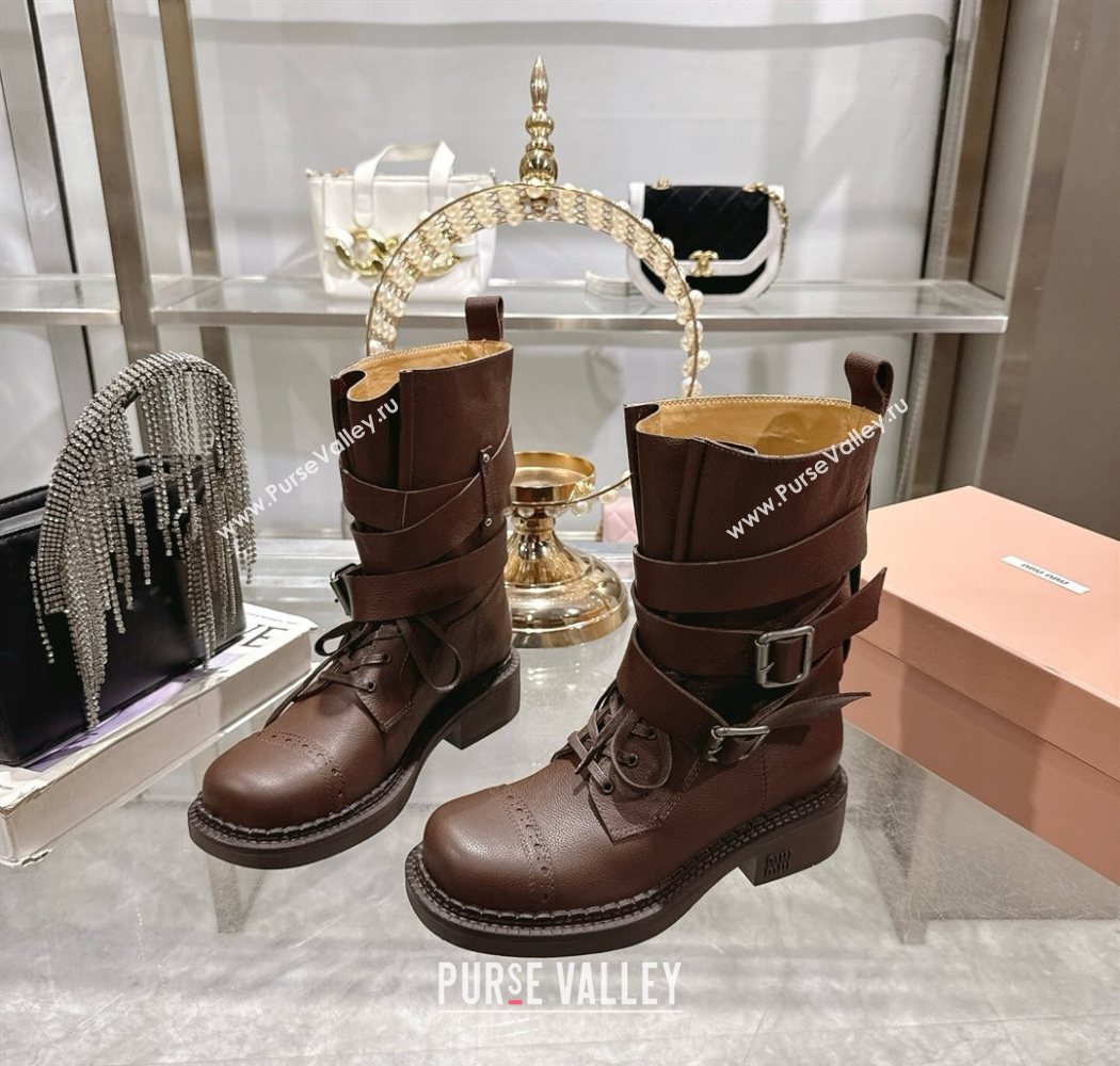 Miu Miu Leather Ankle Boots 3.5cm with Buckle Brown 2025 MIU082604 (MD-250826038)
