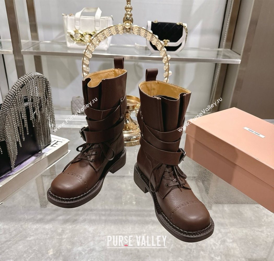 Miu Miu Leather Ankle Boots 3.5cm with Buckle Brown 2025 MIU082604 (MD-250826038)