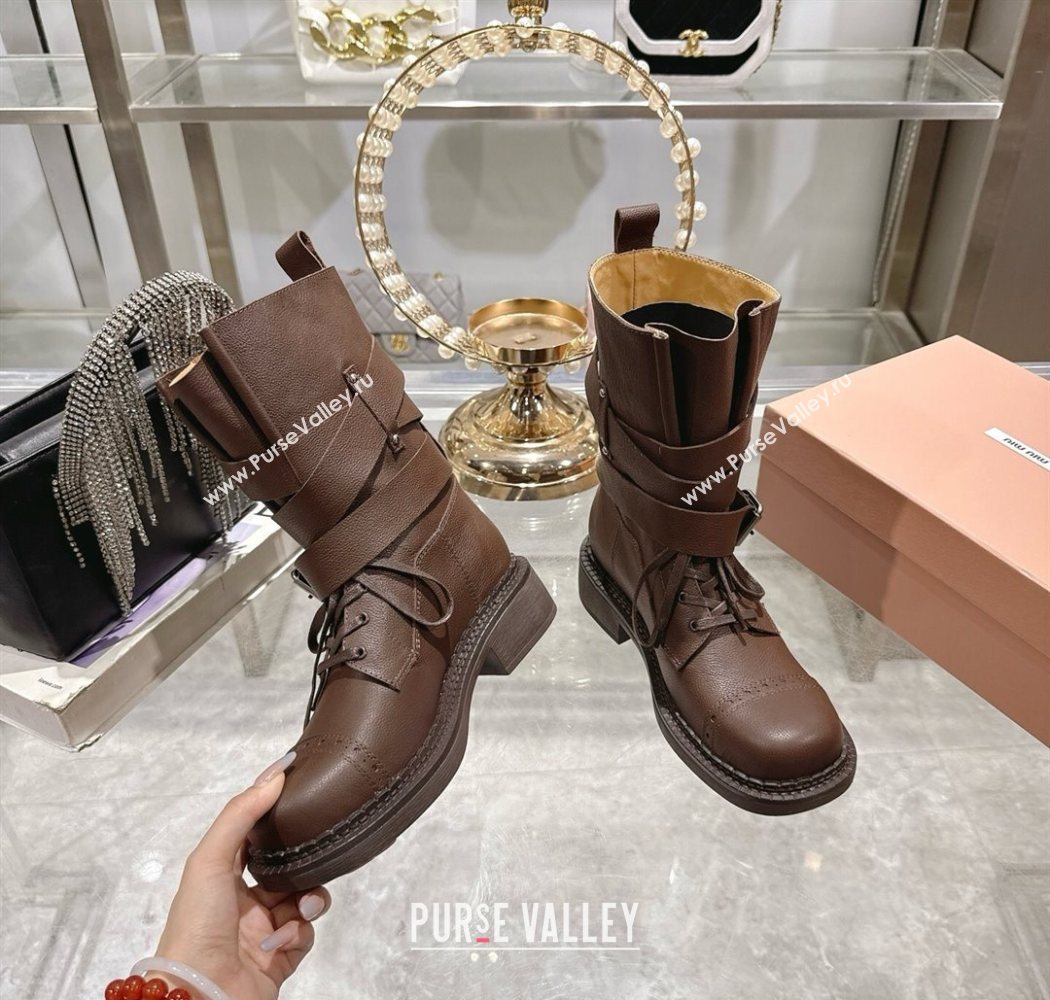 Miu Miu Leather Ankle Boots 3.5cm with Buckle Brown 2025 MIU082604 (MD-250826038)