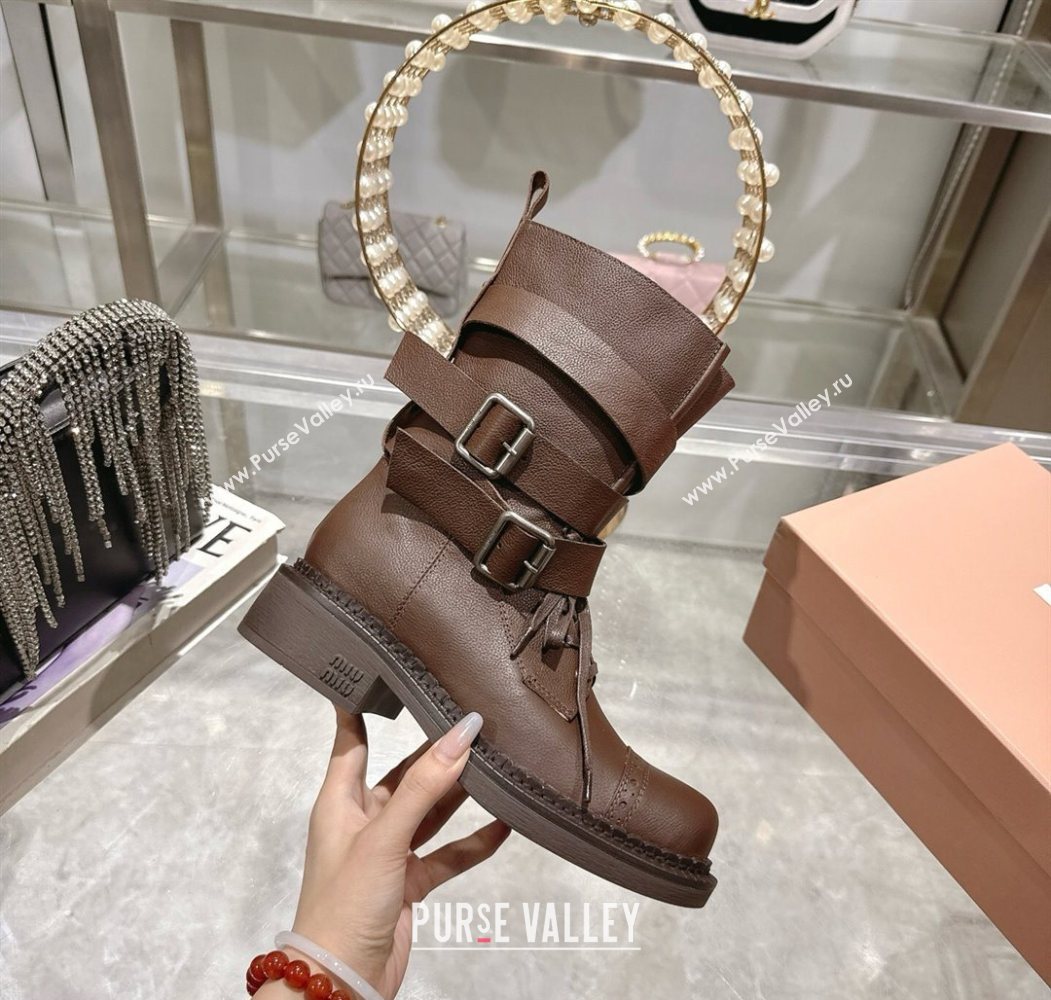 Miu Miu Leather Ankle Boots 3.5cm with Buckle Brown 2025 MIU082604 (MD-250826038)
