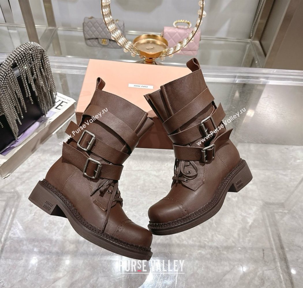 Miu Miu Leather Ankle Boots 3.5cm with Buckle Brown 2025 MIU082604 (MD-250826038)