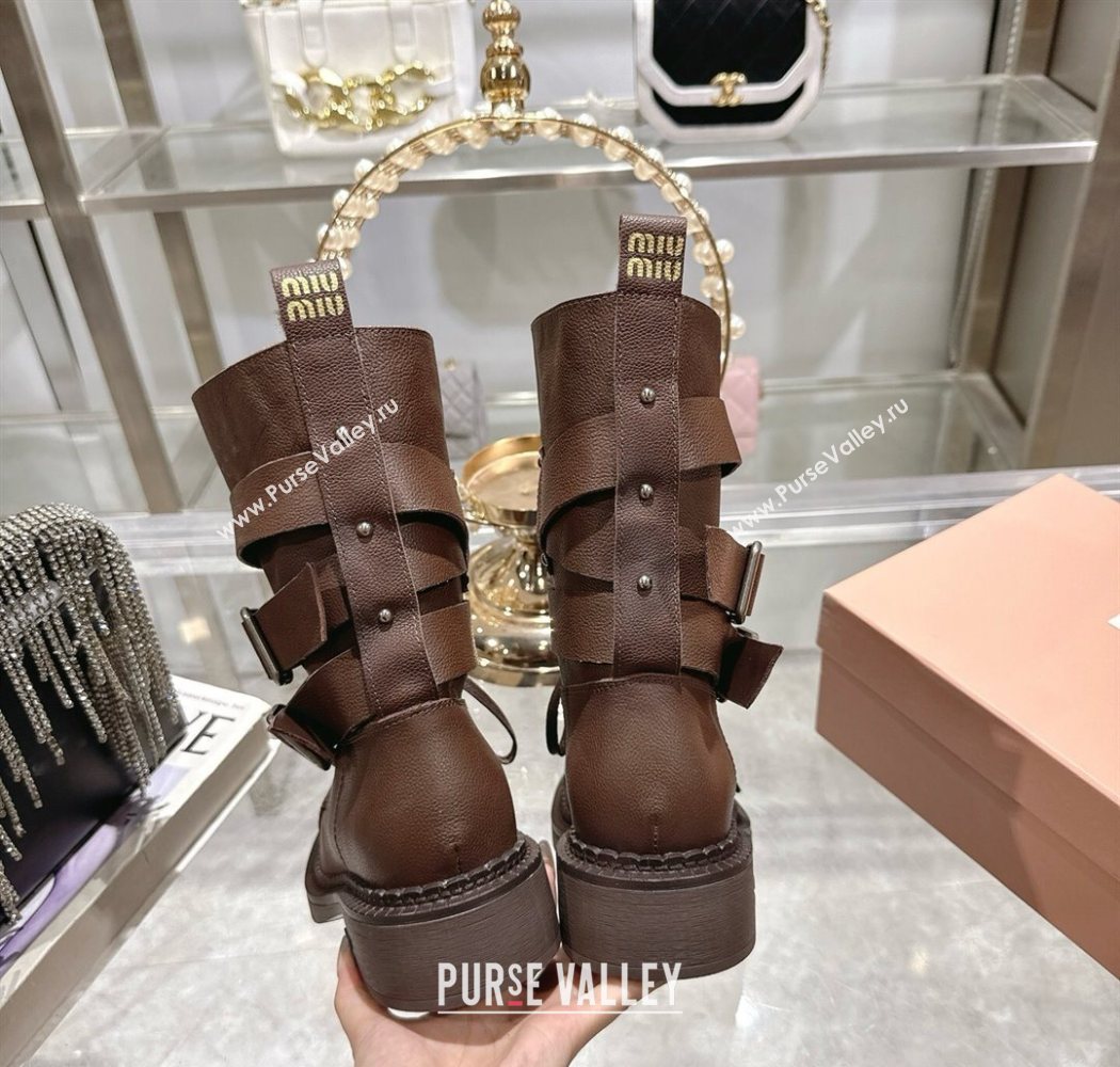 Miu Miu Leather Ankle Boots 3.5cm with Buckle Brown 2025 MIU082604 (MD-250826038)
