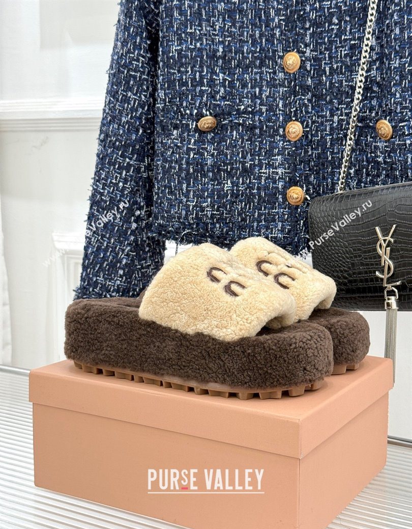 Miu Miu Shearling Platform Slides Sandal Beige/Brown 2025 MIU082609 (MD-250826059)