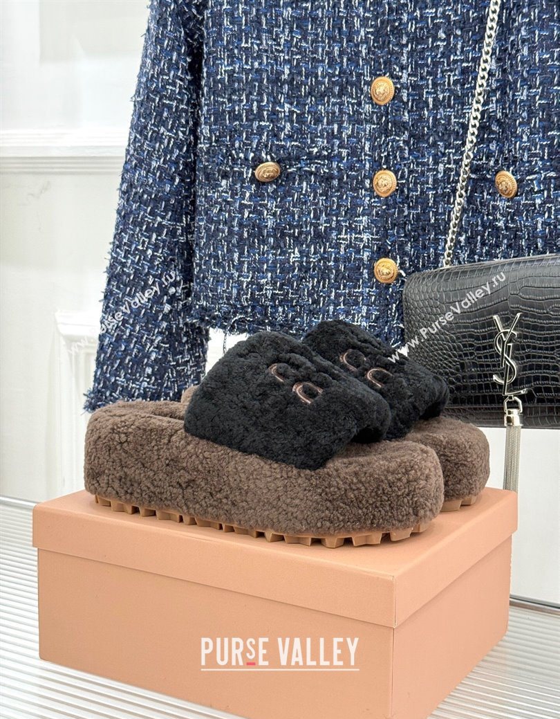 Miu Miu Shearling Platform Slides Sandal Black/Brown 2025 MIU082609 (MD-250826060)