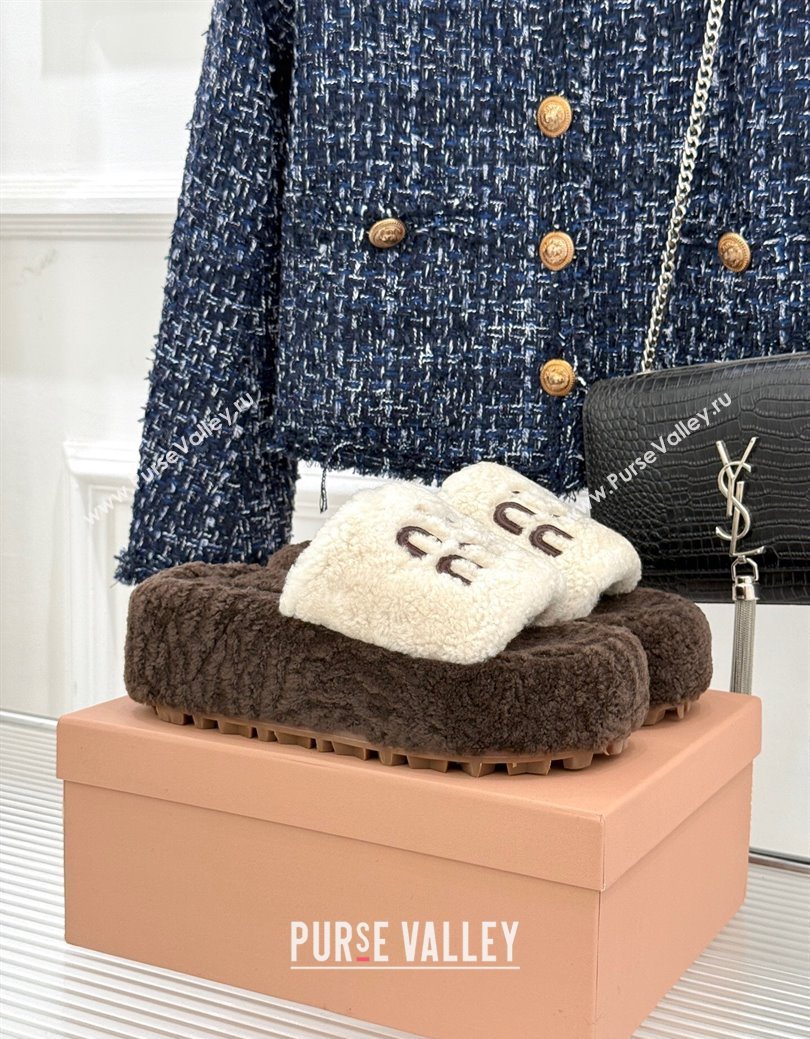 Miu Miu Shearling Platform Slides Sandal White/Brown 2025 MIU082609 (MD-250826061)