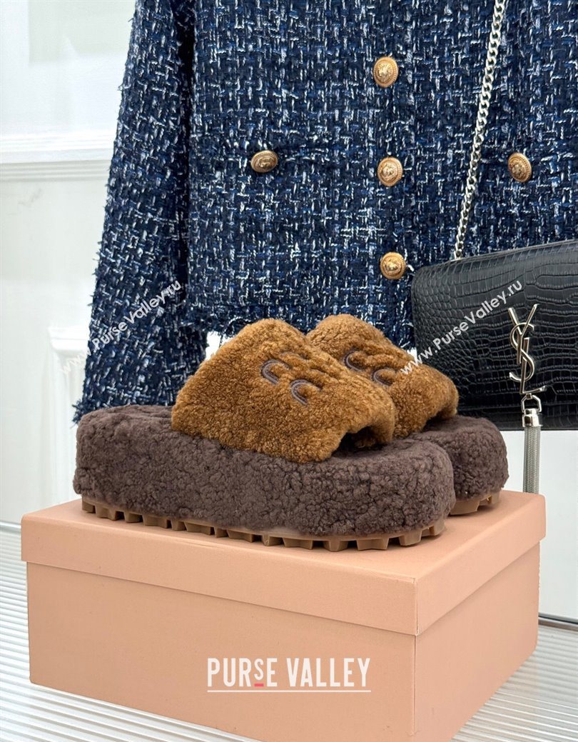 Miu Miu Shearling Platform Slides Sandal Dark/Brown 2025 MIU082609 (MD-250826062)