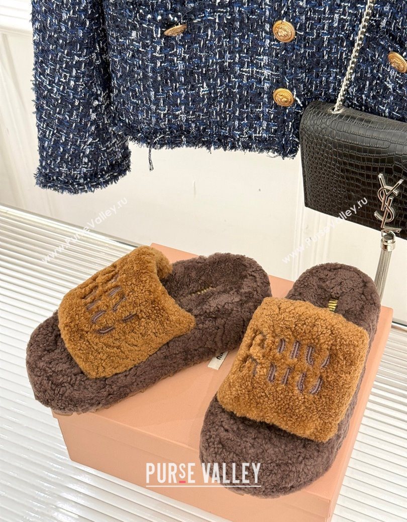 Miu Miu Shearling Platform Slides Sandal Dark/Brown 2025 MIU082609 (MD-250826062)