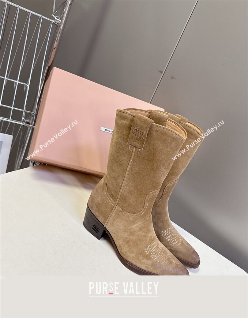 Miu Miu Suede Heel Ankle Boots 5cm Beige 2025 MIU082605 (MD-250826039)