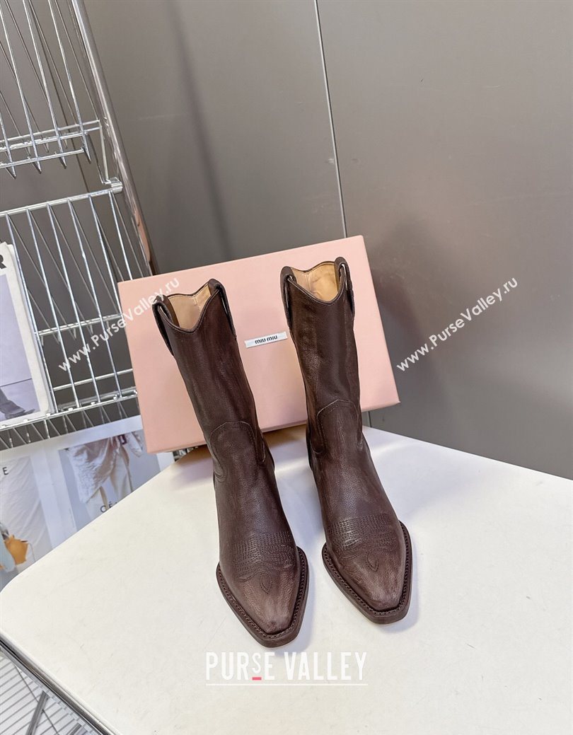 Miu Miu Leather Heel Ankle Boots 5cm Brown 2025 MIU082605 (MD-250826042)