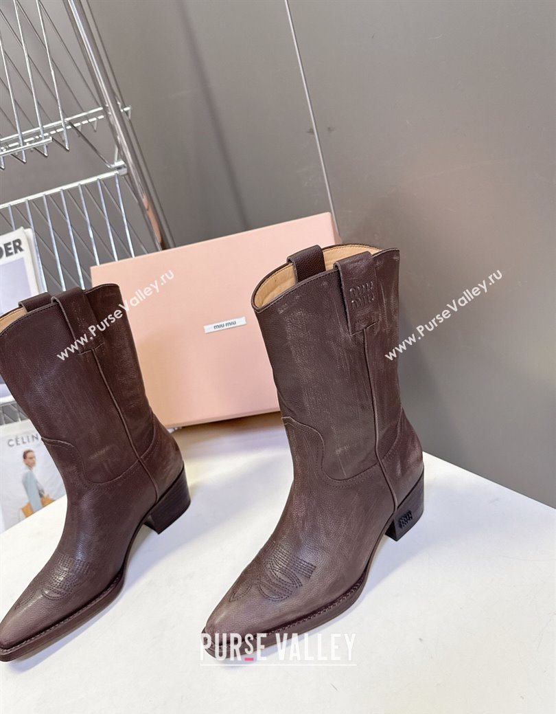 Miu Miu Leather Heel Ankle Boots 5cm Brown 2025 MIU082605 (MD-250826042)