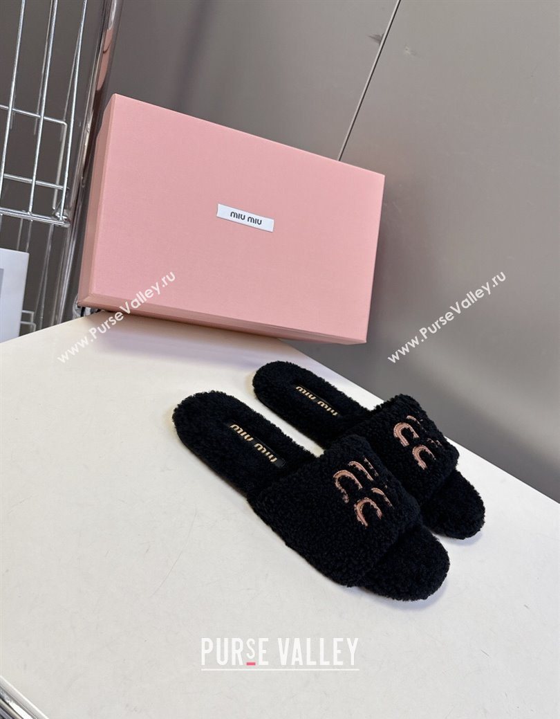 Miu Miu Shearling Flat Slides Sandal Black 2025 MIU082608 (MD-250826050)