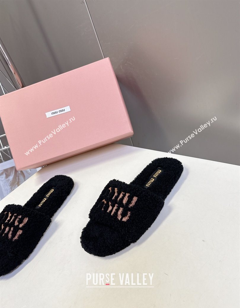 Miu Miu Shearling Flat Slides Sandal Black 2025 MIU082608 (MD-250826050)