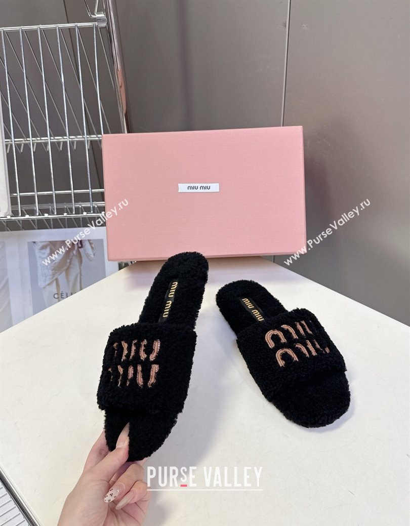 Miu Miu Shearling Flat Slides Sandal Black 2025 MIU082608 (MD-250826050)