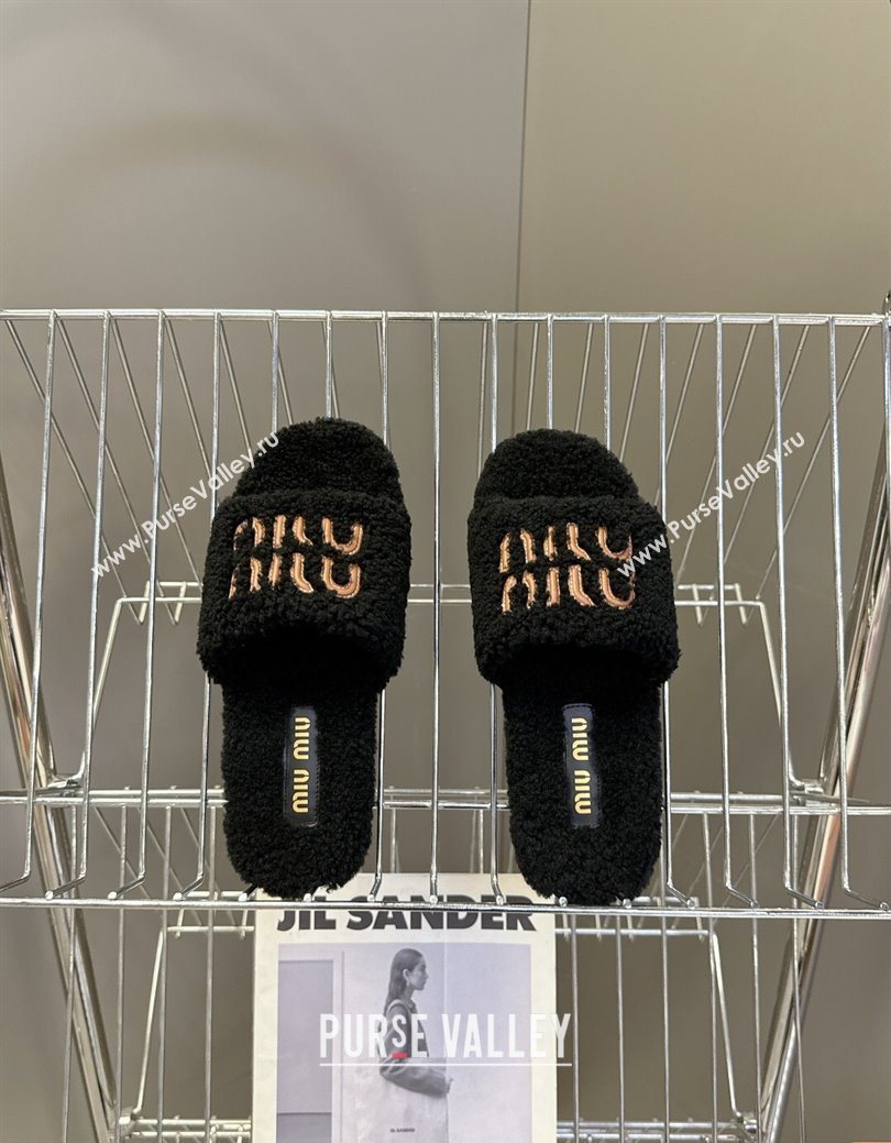 Miu Miu Shearling Flat Slides Sandal Black 2025 MIU082608 (MD-250826050)