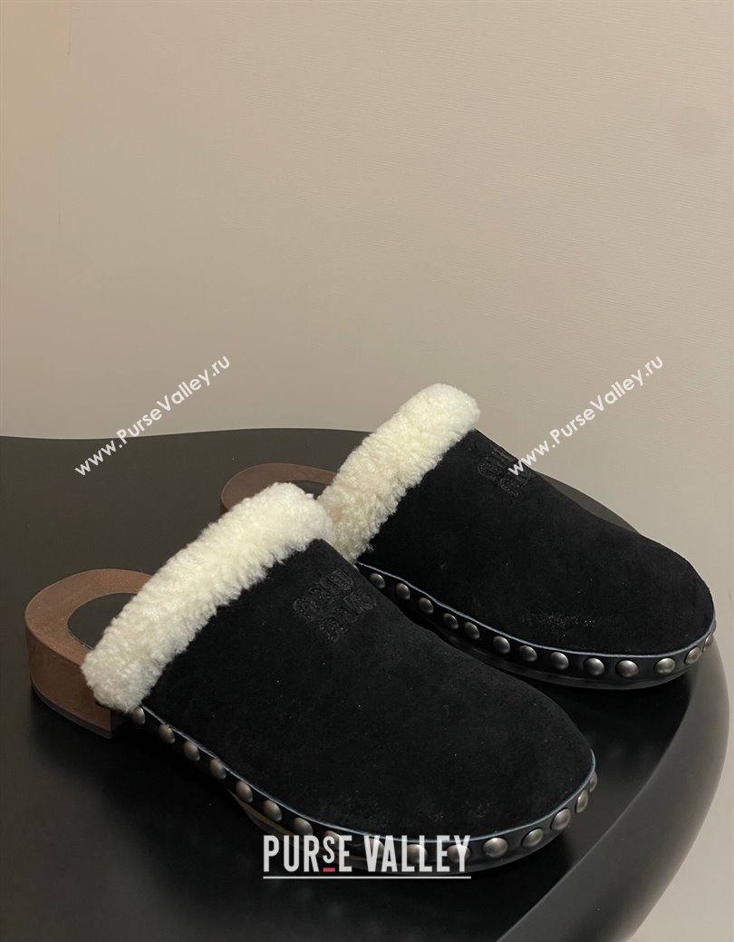 Miu Miu Suede and Wool Clogs Mules Black 2025 MIU082609 (MD-250826055)