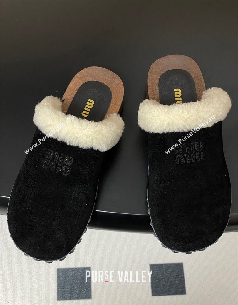 Miu Miu Suede and Wool Clogs Mules Black 2025 MIU082609 (MD-250826055)