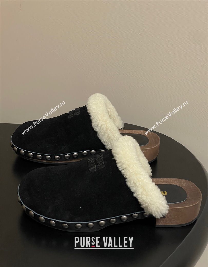 Miu Miu Suede and Wool Clogs Mules Black 2025 MIU082609 (MD-250826055)