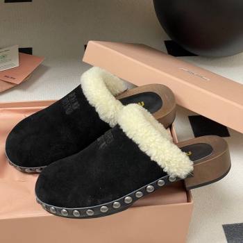Miu Miu Suede and Wool Clogs Mules Black 2025 MIU082609 (MD-250826055)