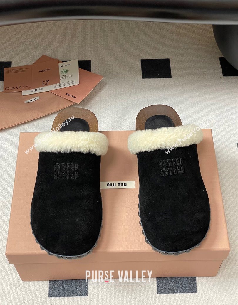 Miu Miu Suede and Wool Clogs Mules Black 2025 MIU082609 (MD-250826055)