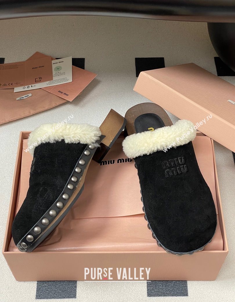 Miu Miu Suede and Wool Clogs Mules Black 2025 MIU082609 (MD-250826055)
