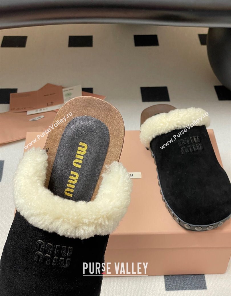 Miu Miu Suede and Wool Clogs Mules Black 2025 MIU082609 (MD-250826055)