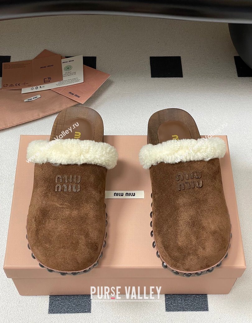 Miu Miu Suede and Wool Clogs Mules Brown 2025 MIU082609 (MD-250826056)