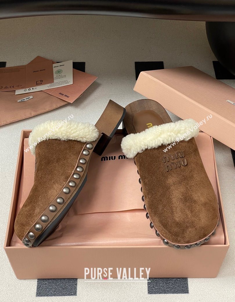 Miu Miu Suede and Wool Clogs Mules Brown 2025 MIU082609 (MD-250826056)
