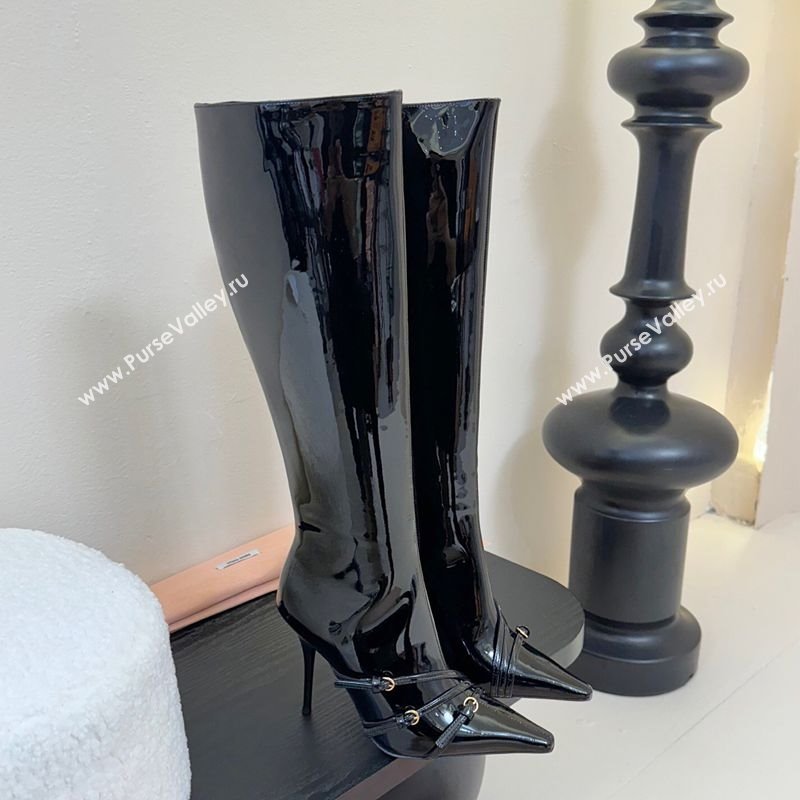 Miu Miu Patent Leather High Heel Boots with Strap Buckle Black 2025 MIU082603 (MD-250826017)