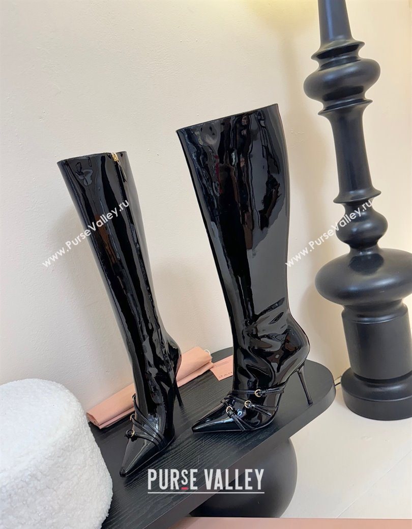 Miu Miu Patent Leather High Heel Boots with Strap Buckle Black 2025 MIU082603 (MD-250826017)