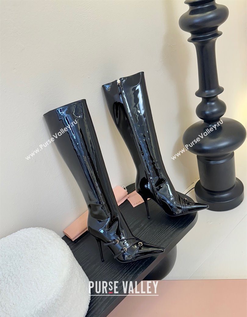 Miu Miu Patent Leather High Heel Boots with Strap Buckle Black 2025 MIU082603 (MD-250826017)