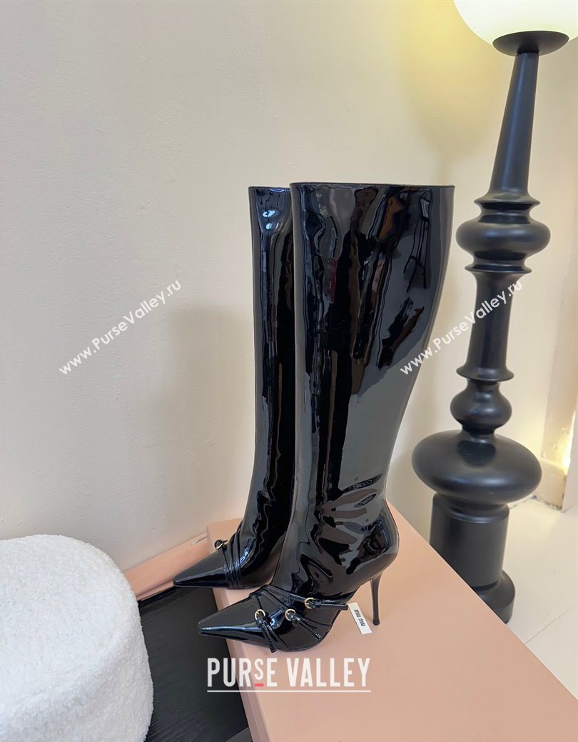 Miu Miu Patent Leather High Heel Boots with Strap Buckle Black 2025 MIU082603 (MD-250826017)