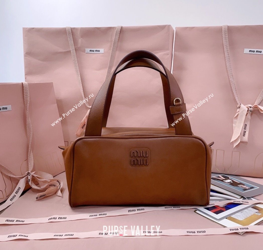 Miu Miu Leather Top-Handle Bag Cognac Brown 2025 5BB182 (JD-250926006)