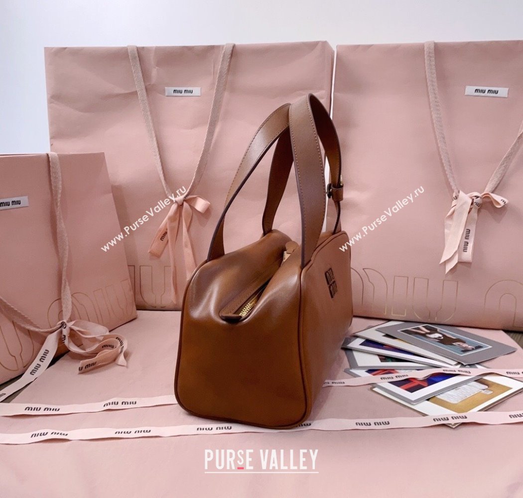 Miu Miu Leather Top-Handle Bag Cognac Brown 2025 5BB182 (JD-250926006)