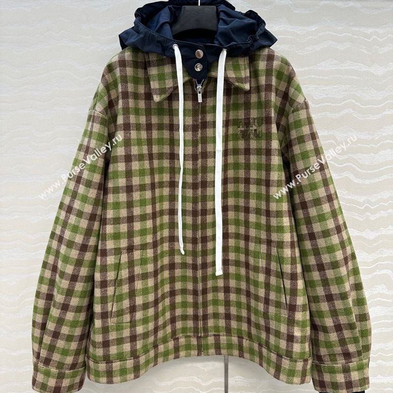 Miu Miu Plaid Jacket with Hoodie Green/Brown 2025 MM101401 (QI-251014002)
