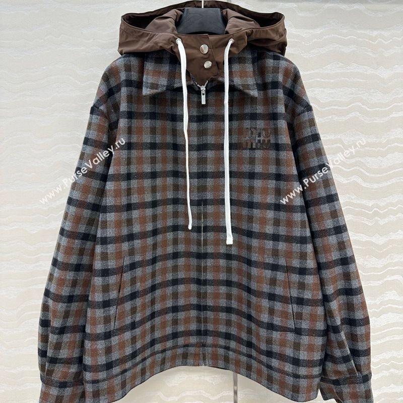 Miu Miu Plaid Jacket with Hoodie Blue/Brown 2025 MM101401 (QI-251014003)
