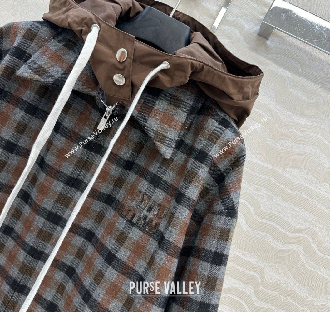 Miu Miu Plaid Jacket with Hoodie Blue/Brown 2025 MM101401 (QI-251014003)
