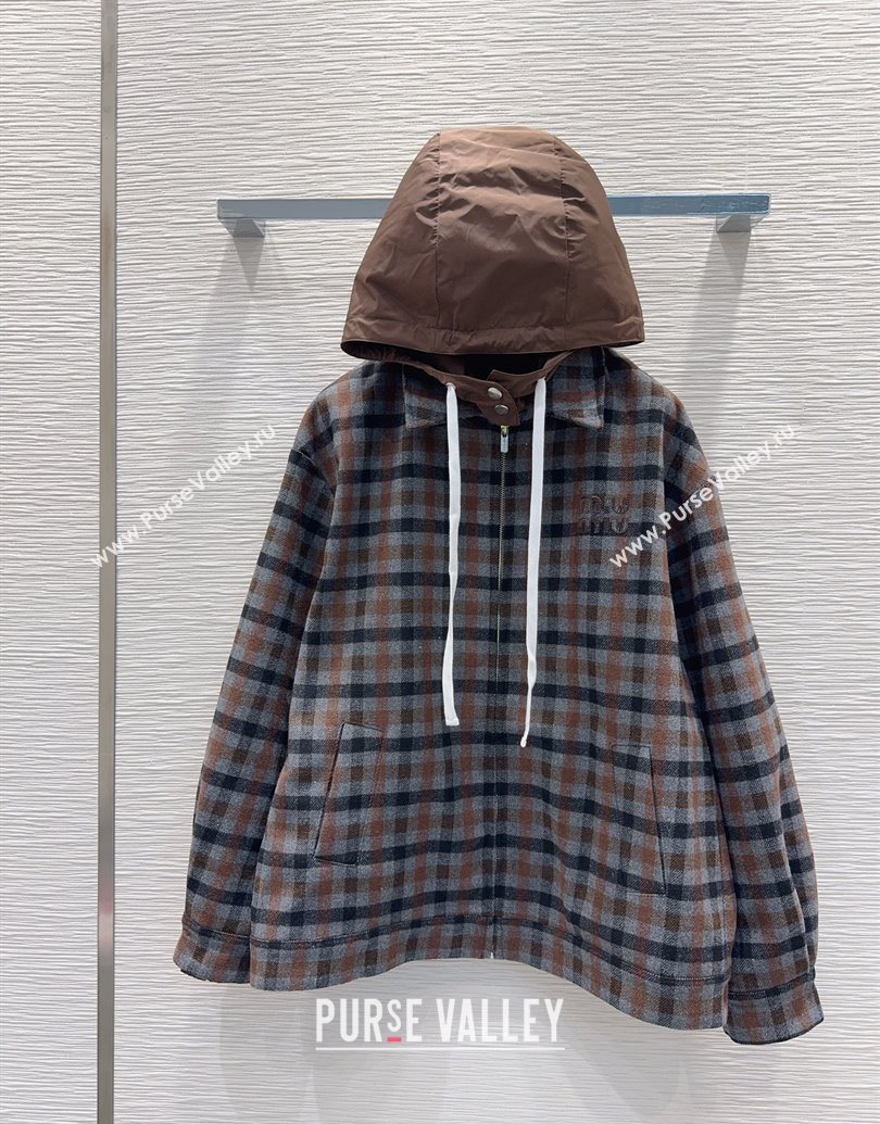 Miu Miu Plaid Jacket with Hoodie Blue/Brown 2025 MM101401 (QI-251014003)