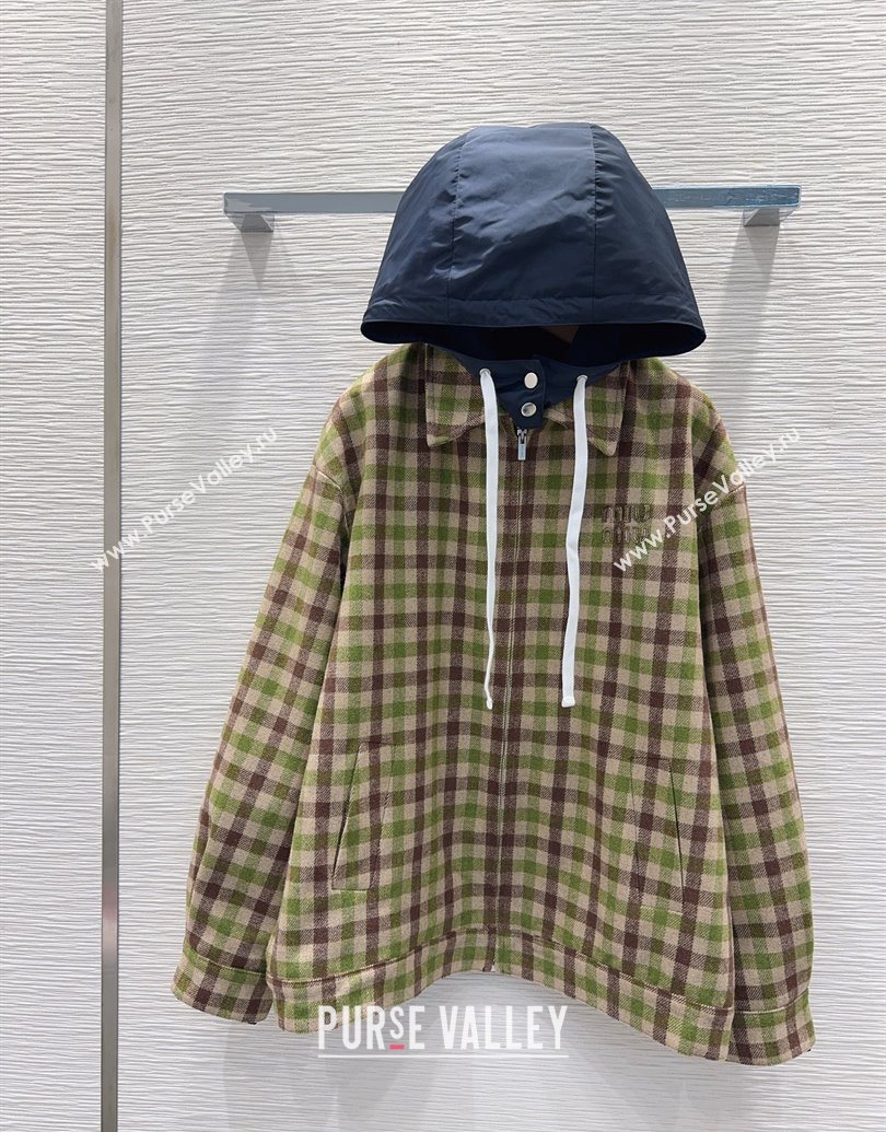 Miu Miu Plaid Jacket with Hoodie Green/Brown 2025 MM101401 (QI-251014002)