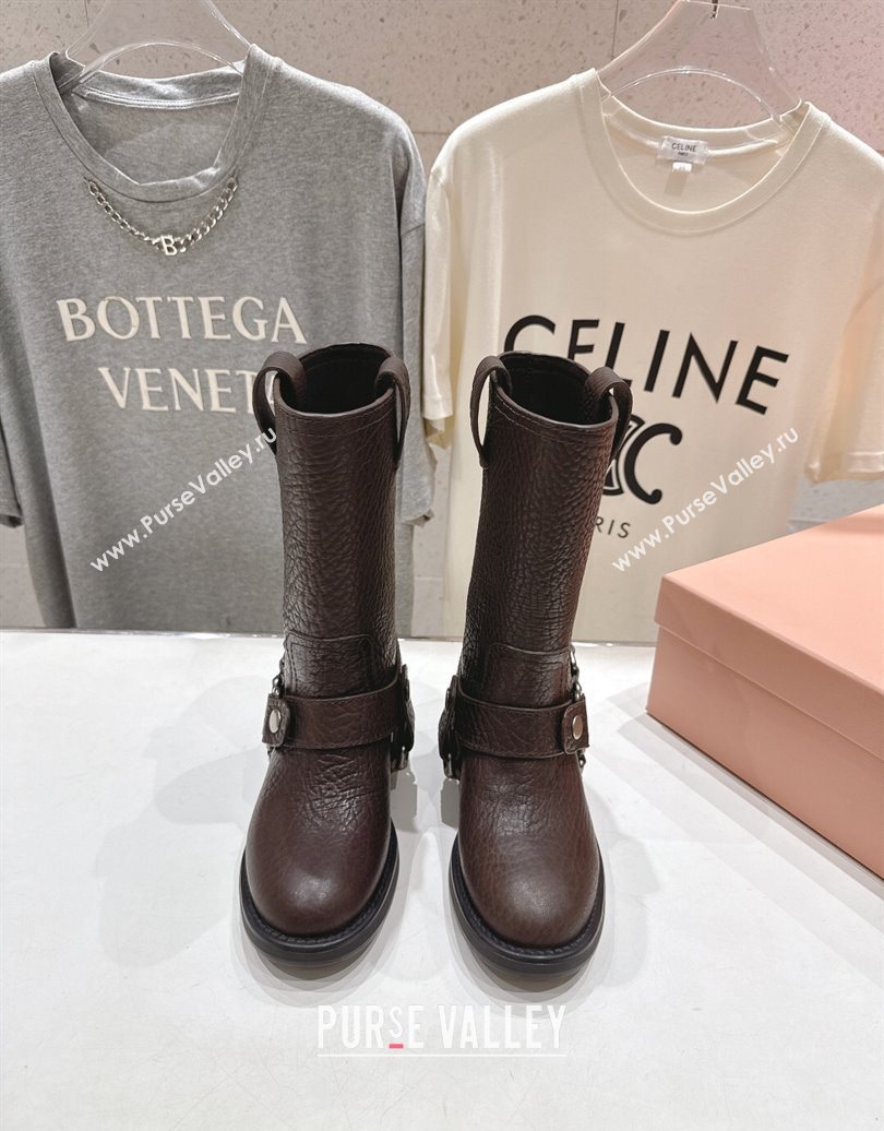 Miu Miu Embossed Leather Flat Ankle Boots with Buckle Brown 2025 MM102404 (MD-251024134)