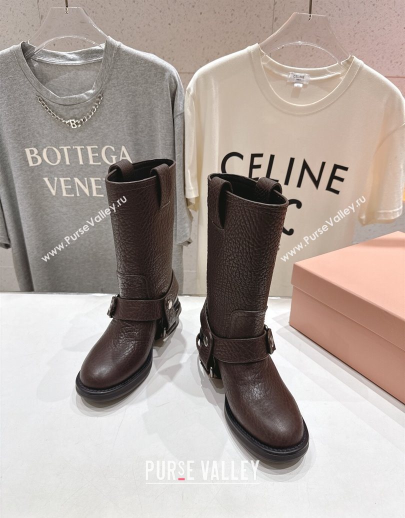 Miu Miu Embossed Leather Flat Ankle Boots with Buckle Brown 2025 MM102404 (MD-251024134)