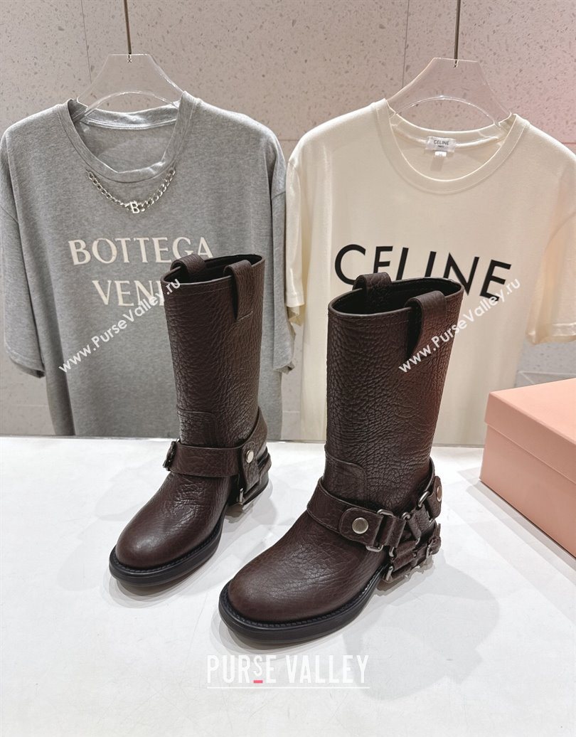 Miu Miu Embossed Leather Flat Ankle Boots with Buckle Brown 2025 MM102404 (MD-251024134)