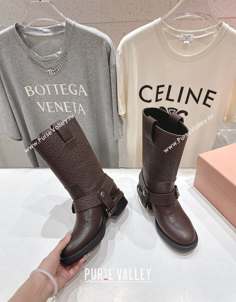 Miu Miu Embossed Leather Flat Ankle Boots with Buckle Brown 2025 MM102404 (MD-251024134)