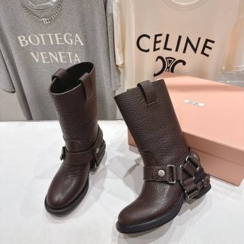 Miu Miu Embossed Leather Flat Ankle Boots with Buckle Brown 2025 MM102404 (MD-251024134)